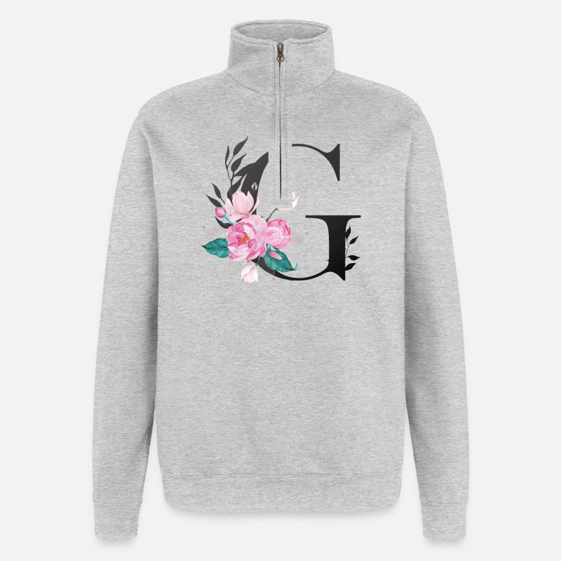 Eleganter Buchstabe 'G' mit Blumen - Quarter-Zip-Sweatshirt - Grau meliert