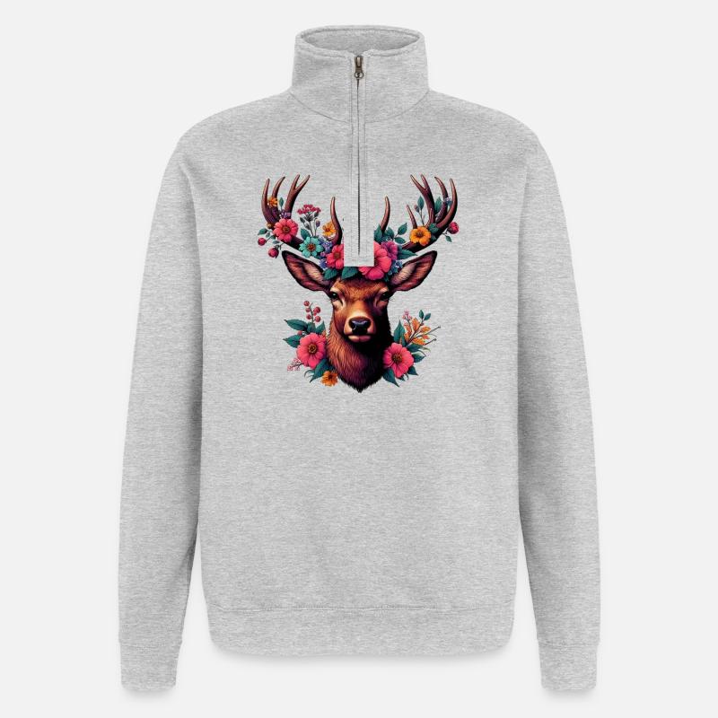 Hirsch mit Blumen - Quarter-Zip-Sweatshirt - Grau meliert