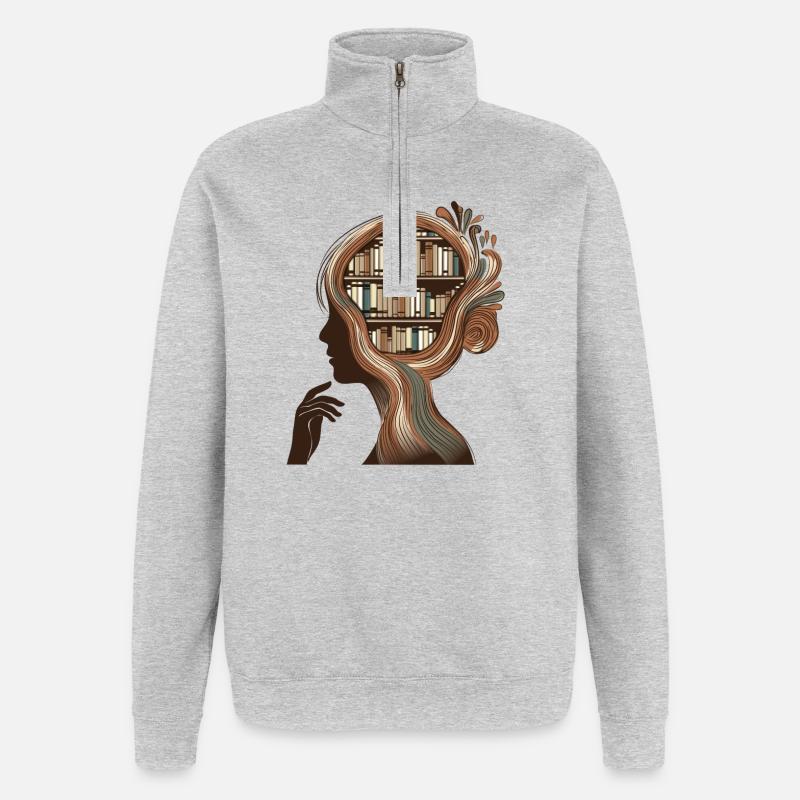 Tête de livres Illustration Pensée Connaissance - Sweat à zip 1/4 - gris chiné