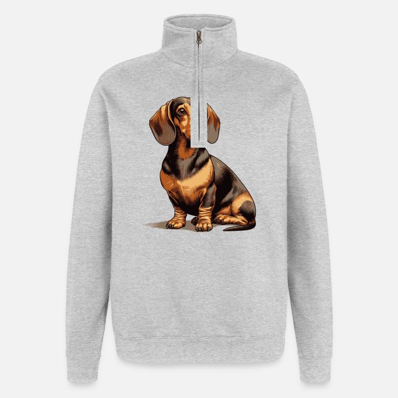 Teckel assis - Sweat à zip 1/4 - gris chiné