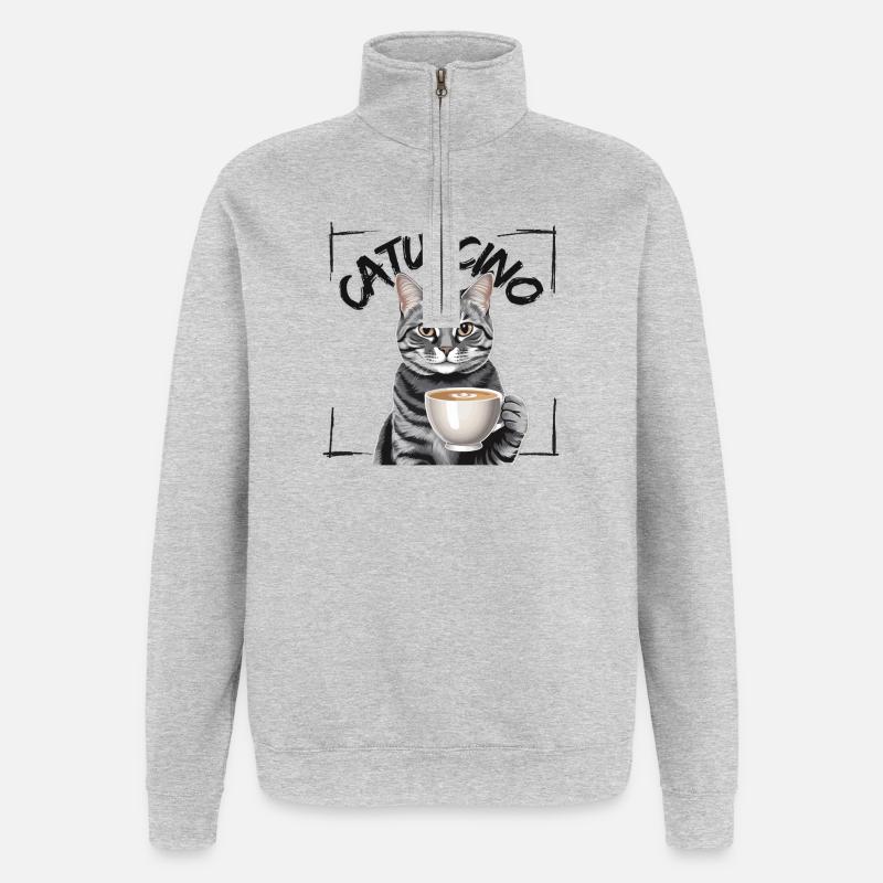 Catuccino Katze mit Tasse Kaffee - Quarter-Zip-Sweatshirt - Grau meliert