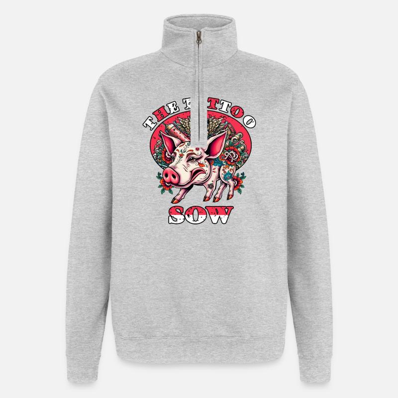 Le cochon tatoué - Sweat à zip 1/4 - gris chiné