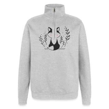 Lächelnder Fuchs – Minimalistische Illustration - Quarter-Zip-Sweatshirt - Grau meliert - Vorne - AI Model Female 172 light (172cm) & AI Model Male 178 dark (178cm)