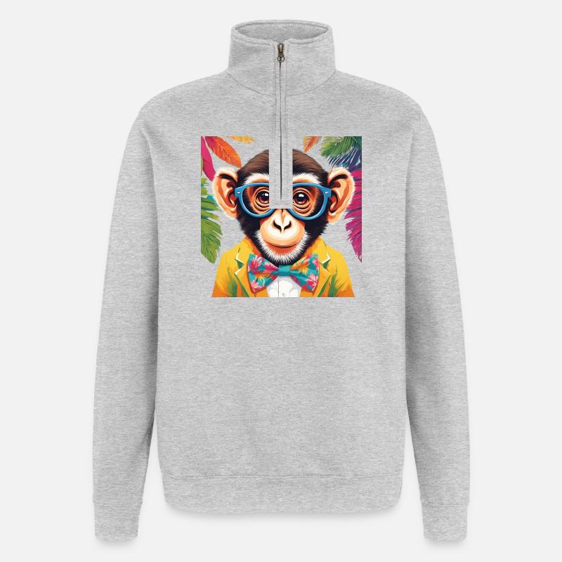 Singe vibrant en tenue élégante - Sweat à zip 1/4 - gris chiné