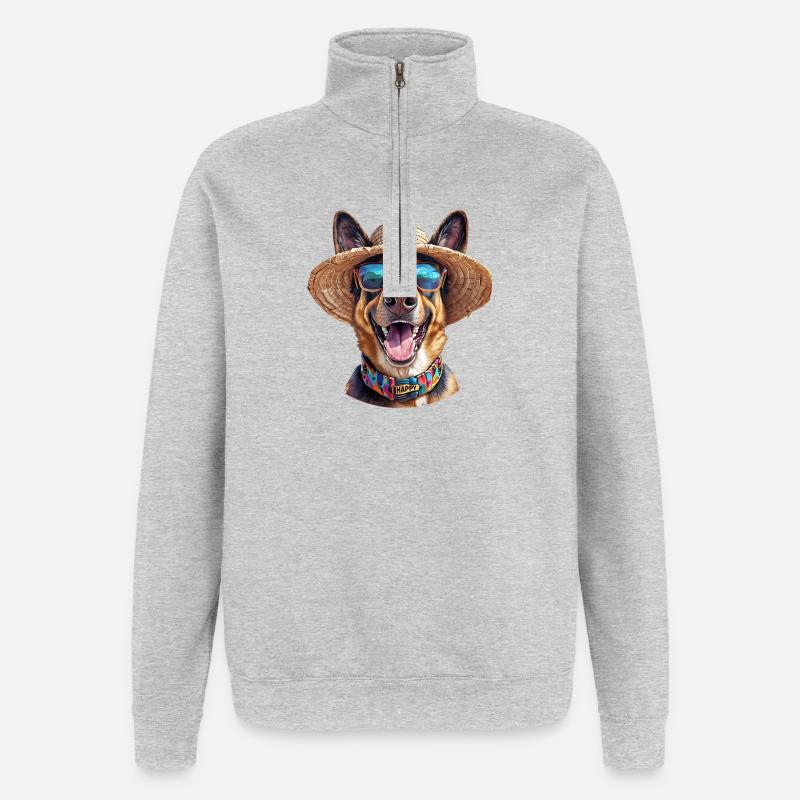 Deutscher Schäferhund mit Strohhut & Sonnenbrille - Quarter-Zip-Sweatshirt - Grau meliert