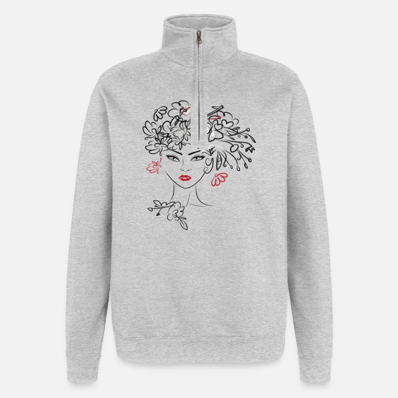Frauenkopf mit Blüten - Quarter-Zip-Sweatshirt - Grau meliert