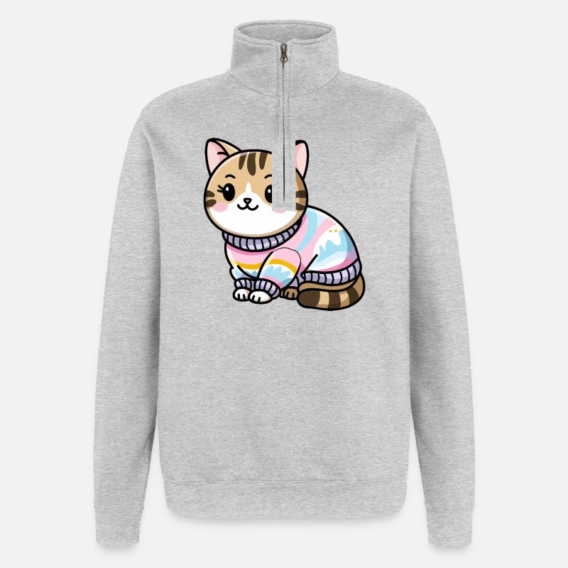 Kuscheliger Pullover Katze - Quarter-Zip-Sweatshirt - Grau meliert