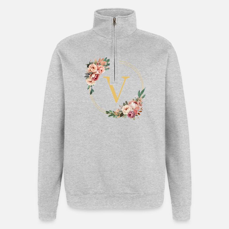 V Monogramm, Blumen-Kranz, personalisierbar - Quarter-Zip-Sweatshirt - Grau meliert