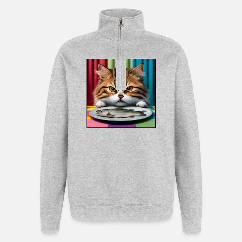 Chat avec du poisson - Sweat à zip 1/4 - gris chiné