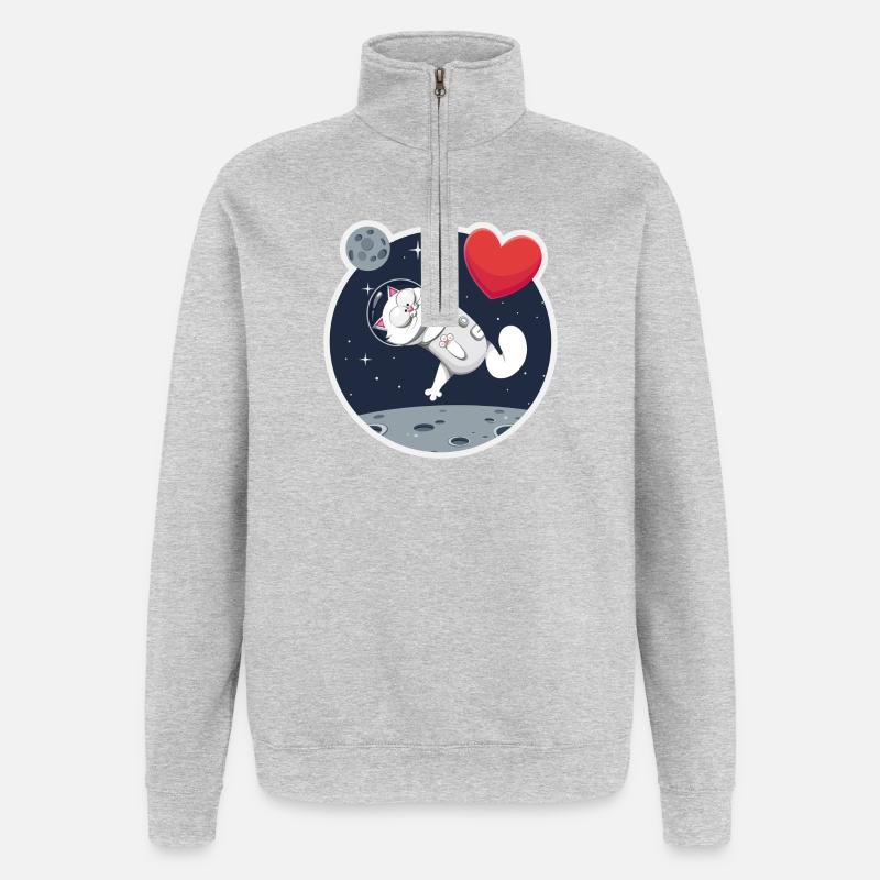 Chat astronaute solitaire attrapant cœur - Sweat à zip 1/4 - gris chiné
