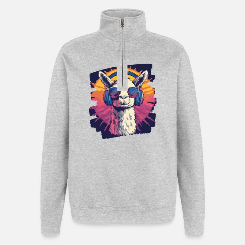 Lama Kopfhörer - Quarter-Zip-Sweatshirt - Grau meliert