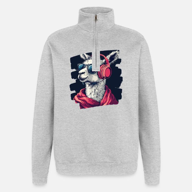 Lama Kopfhörer - Quarter-Zip-Sweatshirt - Grau meliert