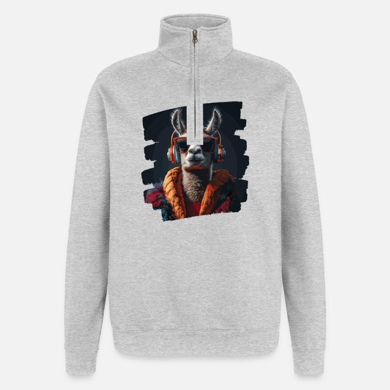 Lama Kopfhörer - Quarter-Zip-Sweatshirt - Grau meliert