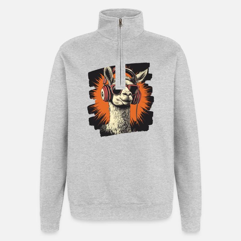 Lama Kopfhörer - Quarter-Zip-Sweatshirt - Grau meliert