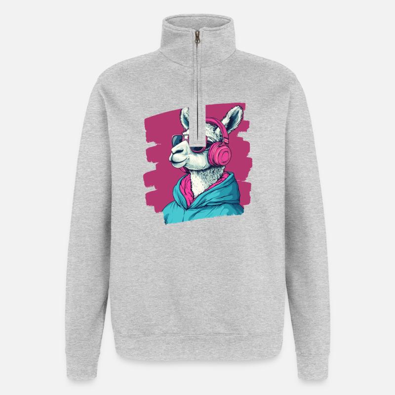 Lama Kopfhörer - Quarter-Zip-Sweatshirt - Grau meliert