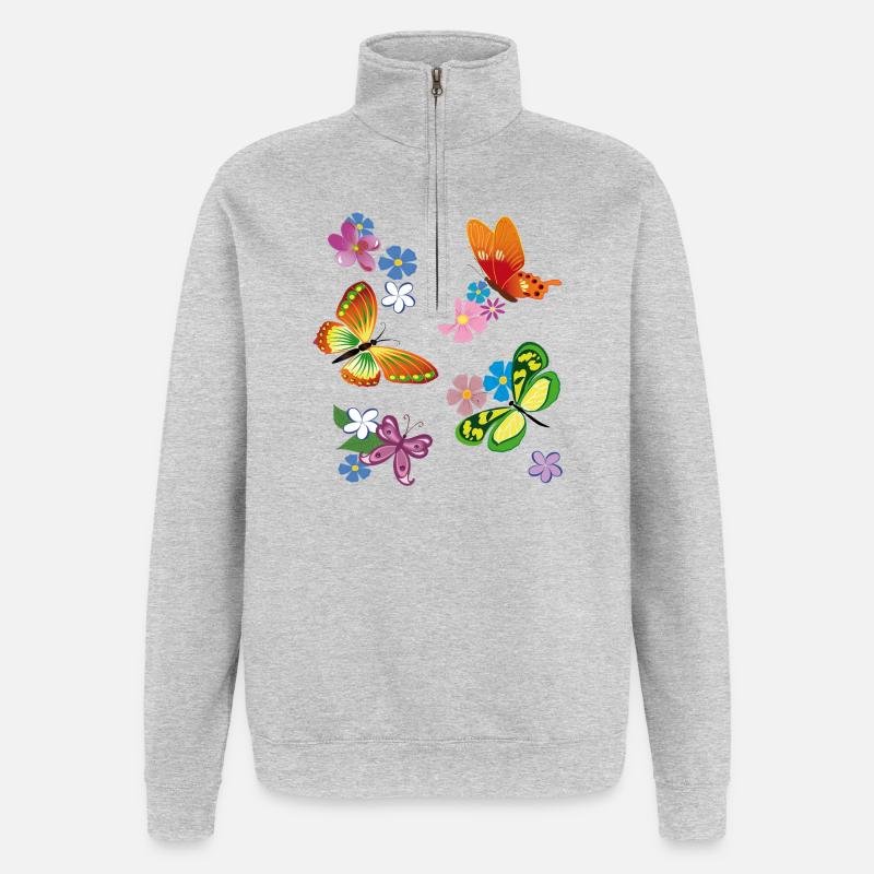Fleurs, Fleurs, Papillon - Sweat à zip 1/4 - gris chiné