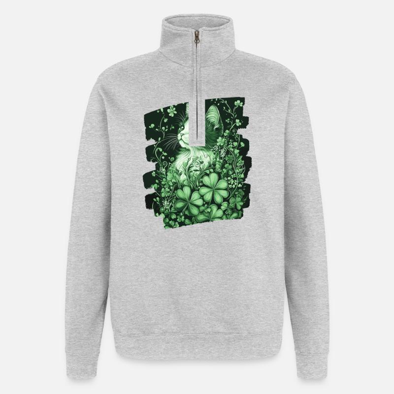 Chat trèfle de la Saint-Patrick - Sweat à zip 1/4 - gris chiné