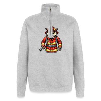 Feuerwehr-Eule – Mut trifft Weisheit - Quarter-Zip-Sweatshirt - Grau meliert - Vorne - AI Model Female 172 light (172cm) & AI Model Male 178 dark (178cm)