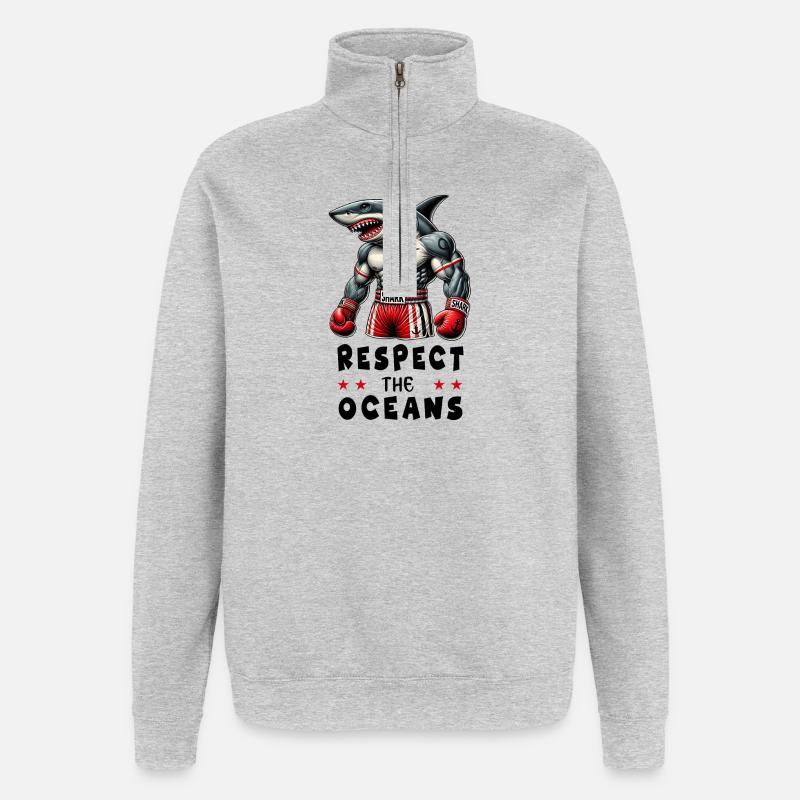 Respect du design Ocean Shark - Sweat à zip 1/4 - gris chiné