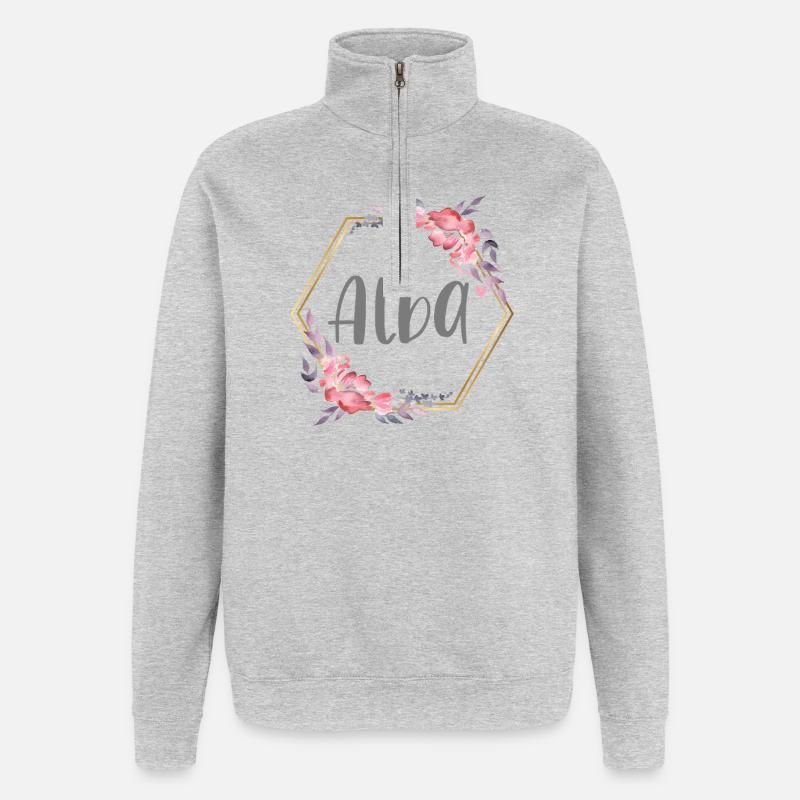Alba Mädchen Name personalisiertes Geschenk - Quarter-Zip-Sweatshirt - Grau meliert