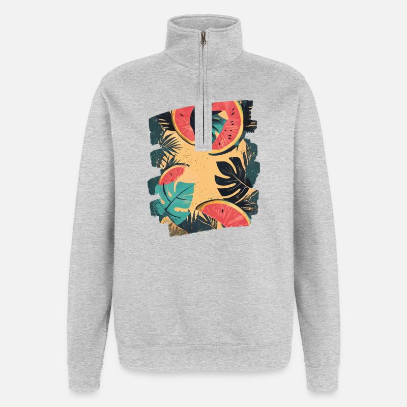 Pastèque d’été et palmiers - Sweat à zip 1/4 - gris chiné