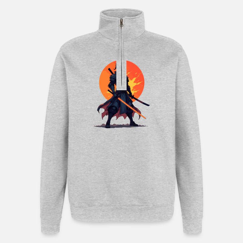 Dunkler Ninja-Krieger mit feuriger Klinge - Quarter-Zip-Sweatshirt - Grau meliert