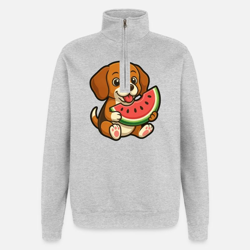 Joyeux Beagle Pastèque Fruit d’été - Sweat à zip 1/4 - gris chiné