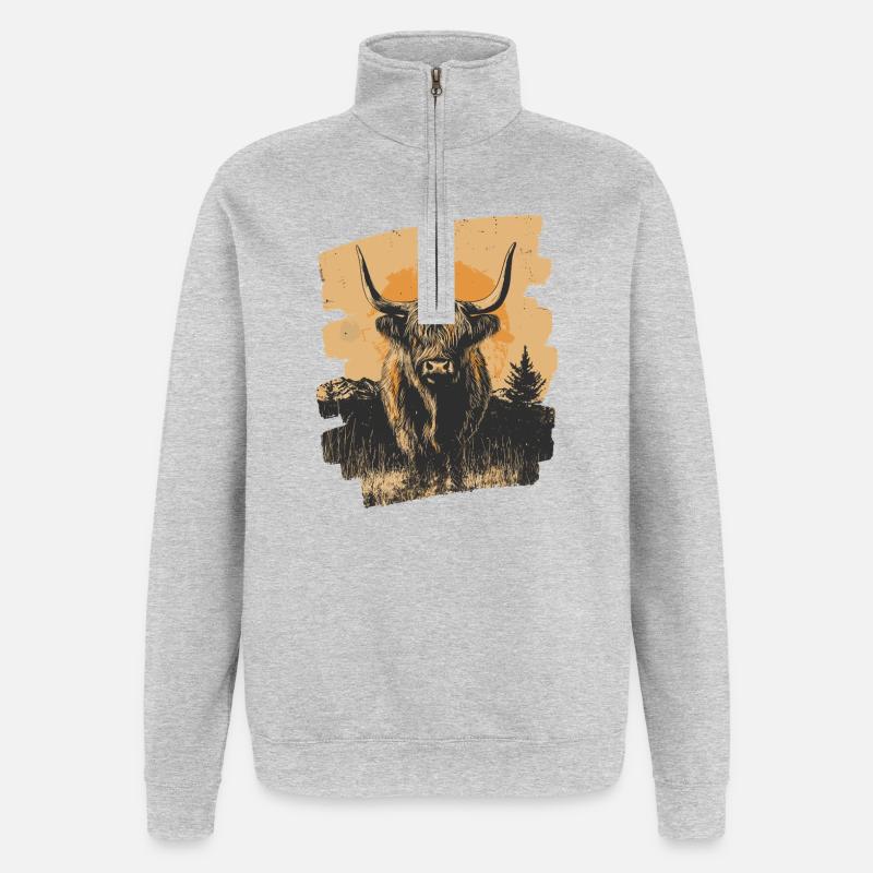 Schottisches Hochlandrind - Quarter-Zip-Sweatshirt - Grau meliert