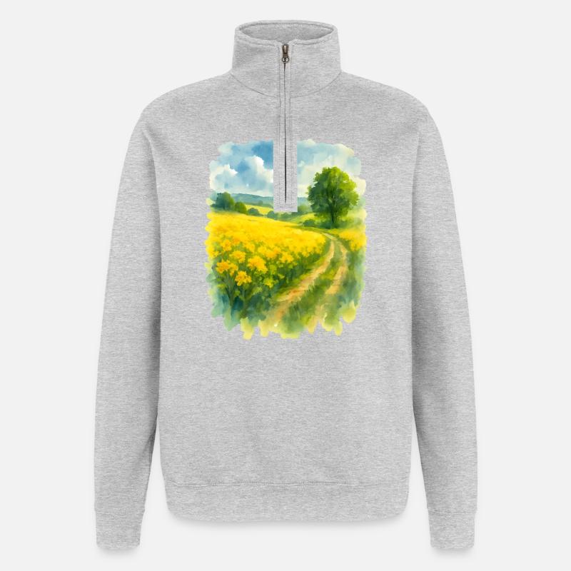 Frühlingshafte Landschaft mit Rapsfeld - Quarter-Zip-Sweatshirt - Grau meliert