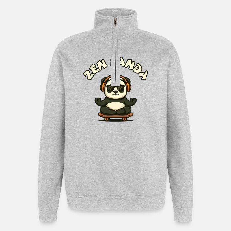 Zen Panda mit Skateboard und Kopfhörern - Quarter-Zip-Sweatshirt - Grau meliert