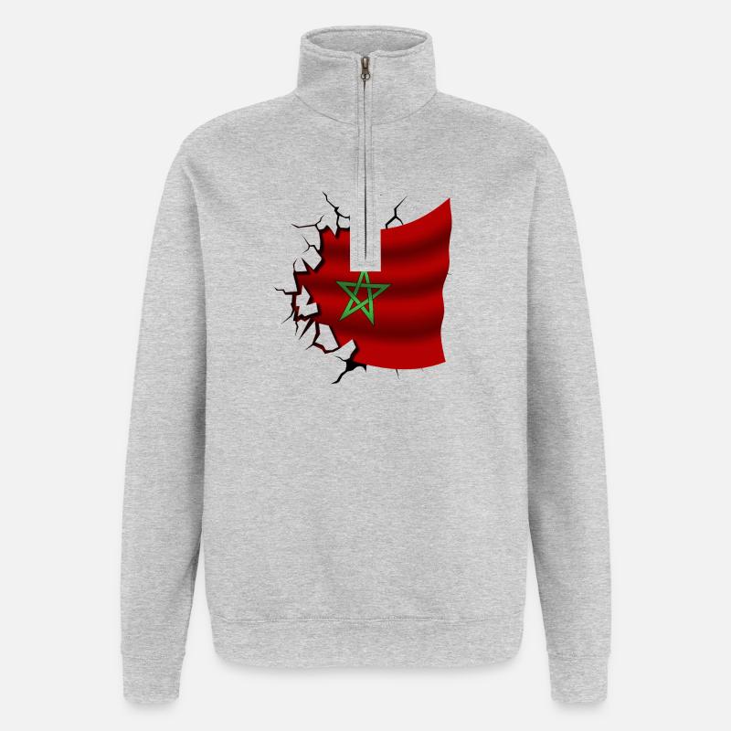 Drapeau du Maroc - Maroc - Drapeau Broken Design - Sweat à zip 1/4 - gris chiné