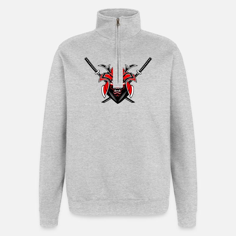 Menpō & Schwerter – Rot Schwarz Design - Quarter-Zip-Sweatshirt - Grau meliert