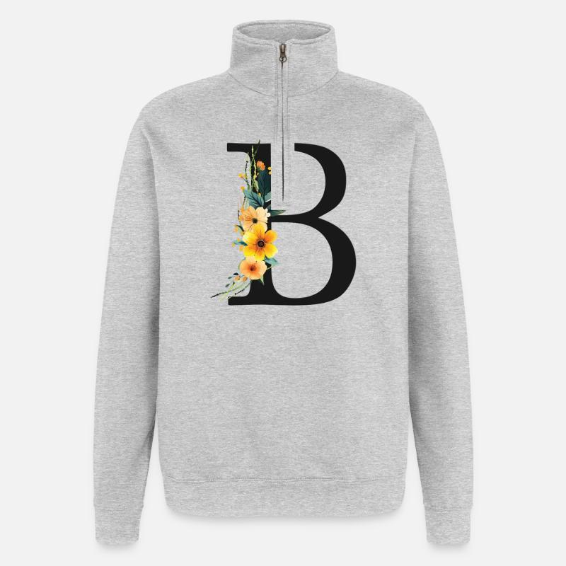 B Monogramm, Floral, personalisierbar - Quarter-Zip-Sweatshirt - Grau meliert