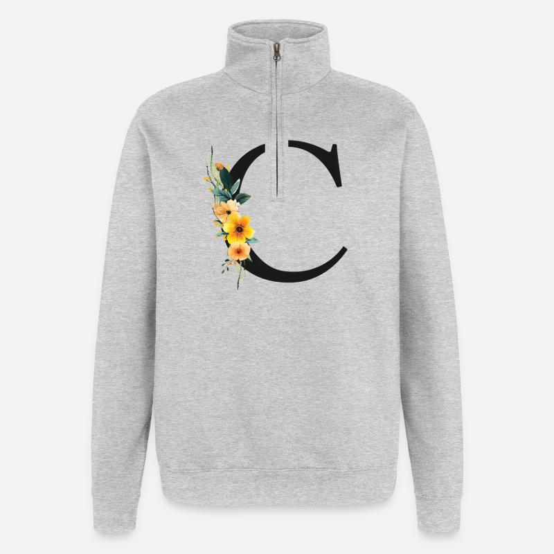 C Monogram, Floral, Customizable - Quarter-Zip Sweatshirt - heather grey