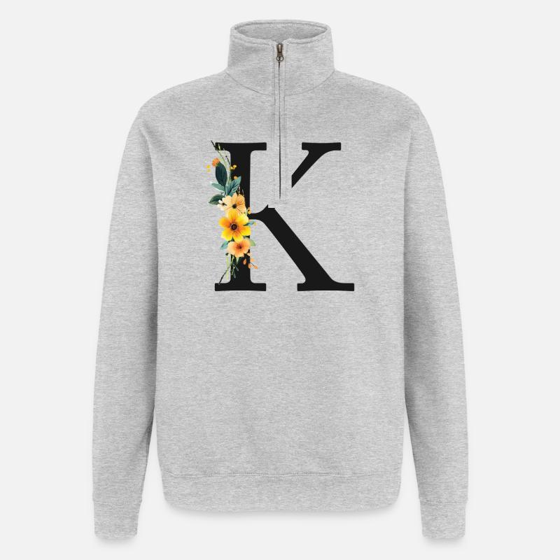 K Monogram, Floral, Personnalisable - Sweat à zip 1/4 - gris chiné