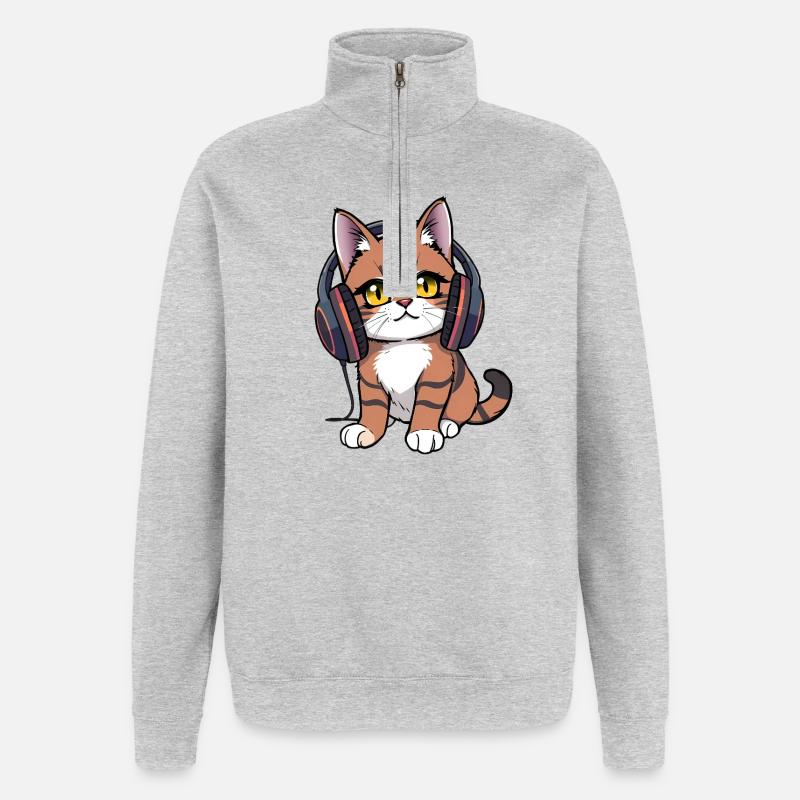 Chat avec des écouteurs - Sweat à zip 1/4 - gris chiné