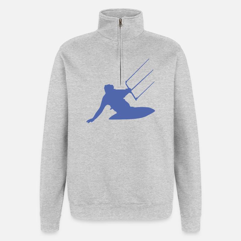 Kitesurfeur silhouette mer vagues aventure - Sweat à zip 1/4 - gris chiné