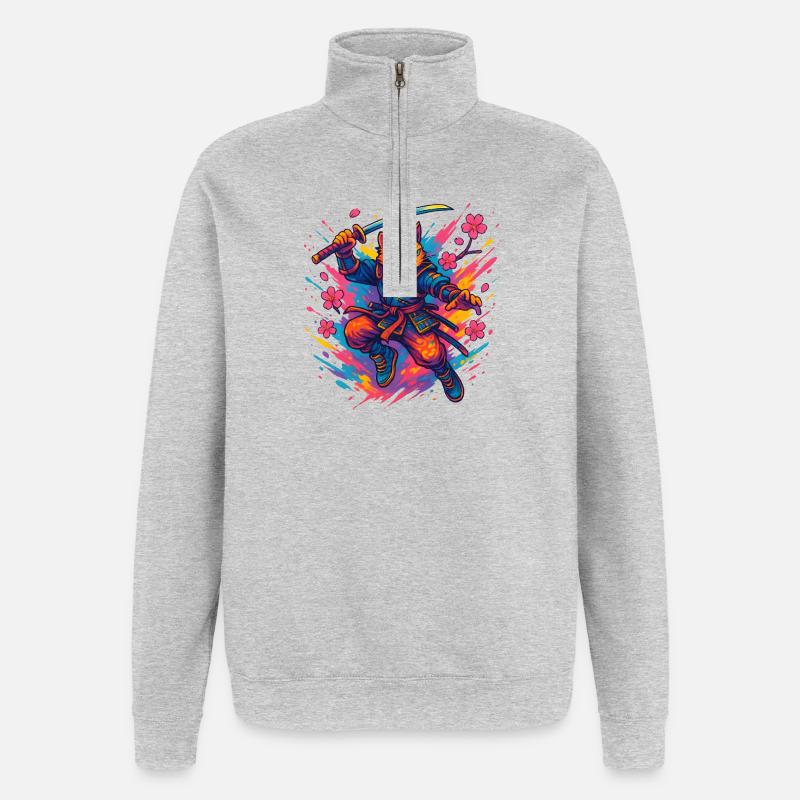 Guerrier chat de style samouraï - Sweat à zip 1/4 - gris chiné