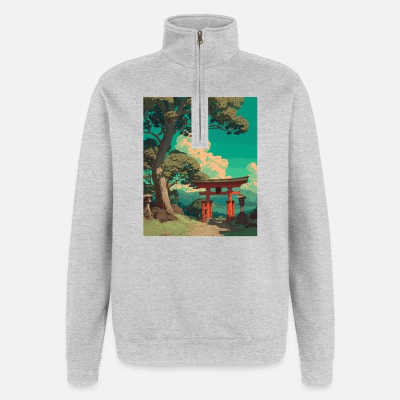 Ruhige japanische Torii-Tor-Landschaft - Quarter-Zip-Sweatshirt - Grau meliert