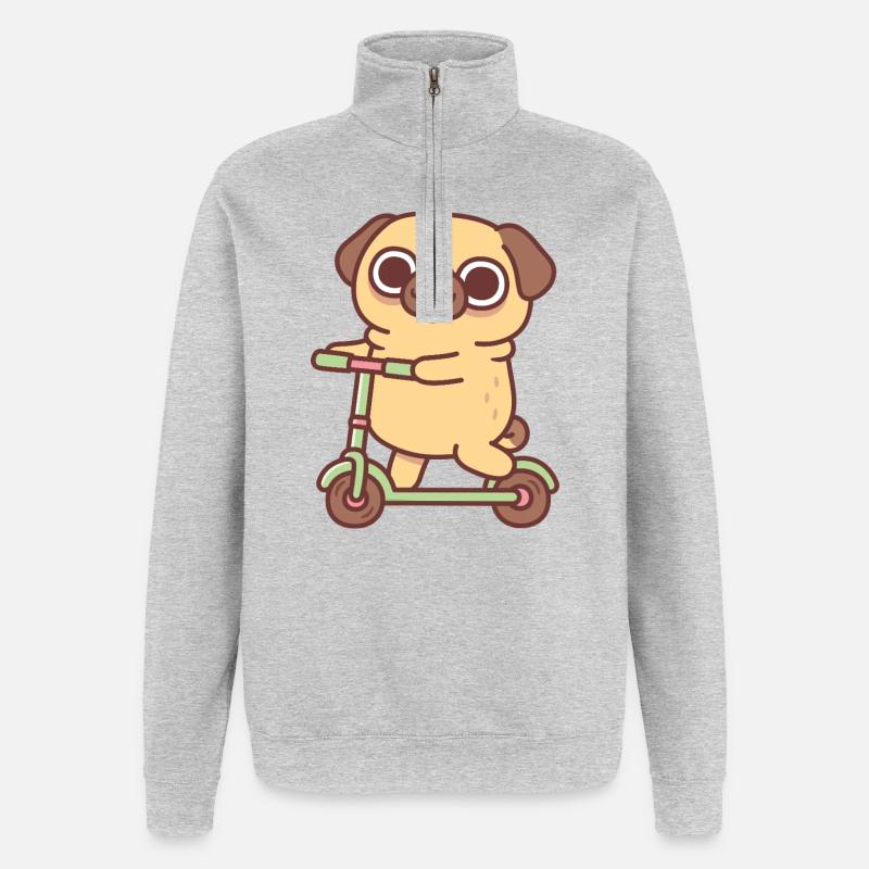 Süßer Mops spielt auf Tretroller - Quarter-Zip-Sweatshirt - Grau meliert