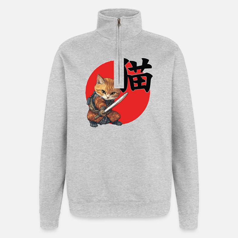 Feline Samurai Illustration Kanji - Quarter-Zip Sweatshirt - heather grey