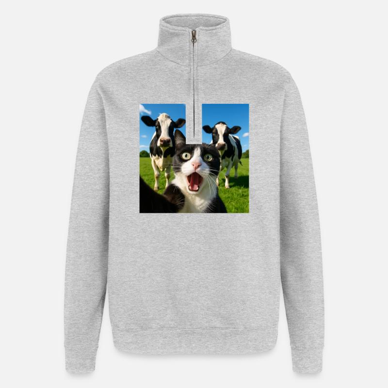Süße Katze Kuh Selfie Geschenkidee - Quarter-Zip-Sweatshirt - Grau meliert