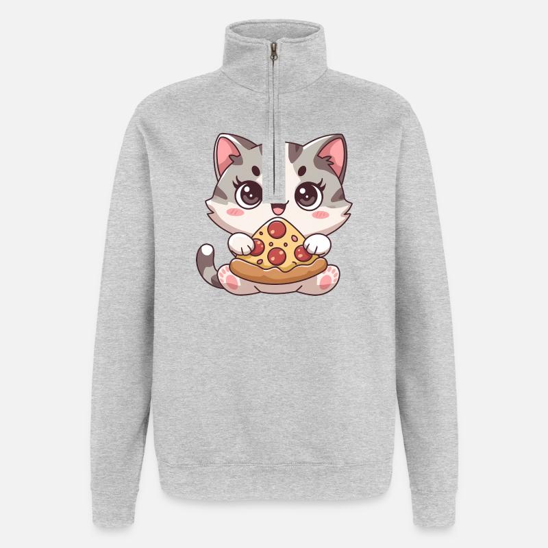Süße Katze isst Pizza - Quarter-Zip-Sweatshirt - Grau meliert