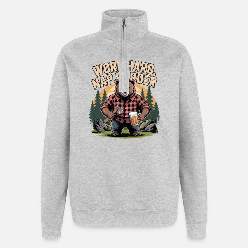 Hart arbeiten, Schlaf härter, Bär - Quarter-Zip-Sweatshirt - Grau meliert