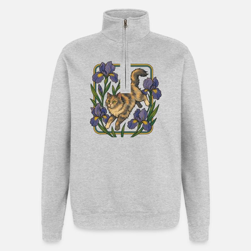 Elegante Katze unter Irisblumen - Quarter-Zip-Sweatshirt - Grau meliert