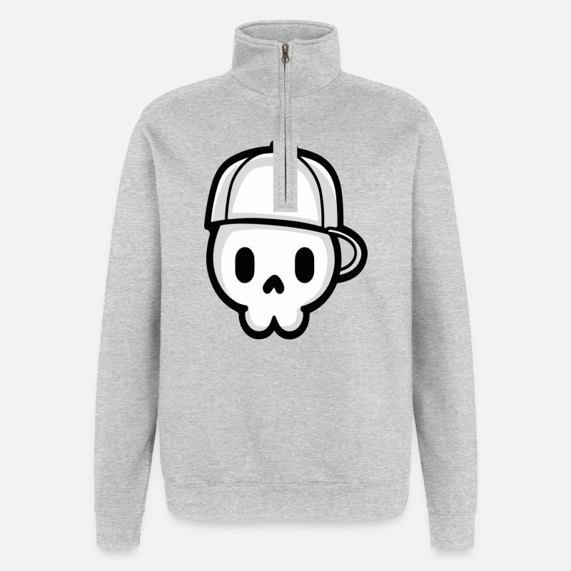 Verspielter Schädel mit Kappe Illustration - Quarter-Zip-Sweatshirt - Grau meliert