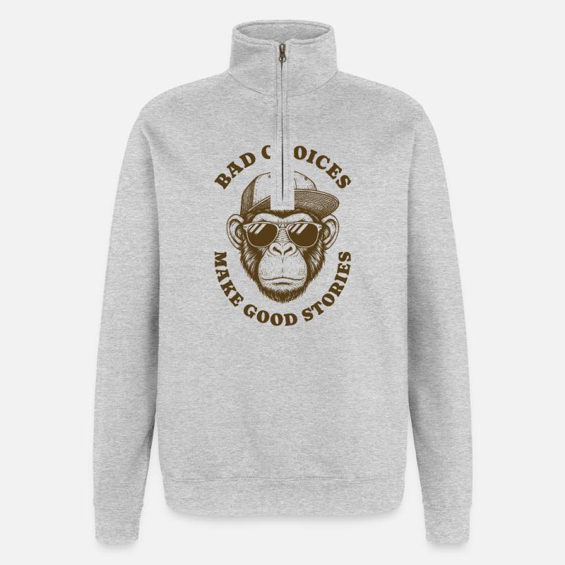 Dårlige valg Gør gode historier Retro Abe Dyr - Sweatshirt med 1/4 lynlås - grå meleret