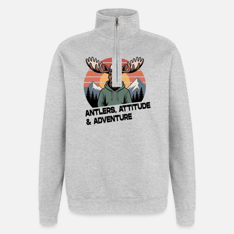 Antlers Attitude Abenteuer-Elch - Quarter-Zip-Sweatshirt - Grau meliert