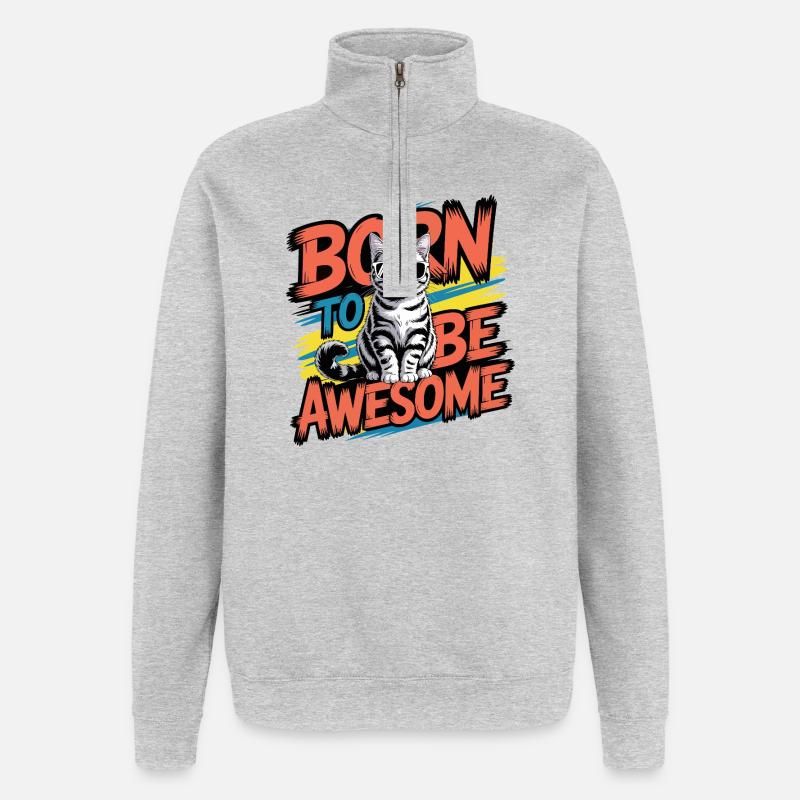 Né pour être génial, chat cool - Sweat à zip 1/4 - gris chiné