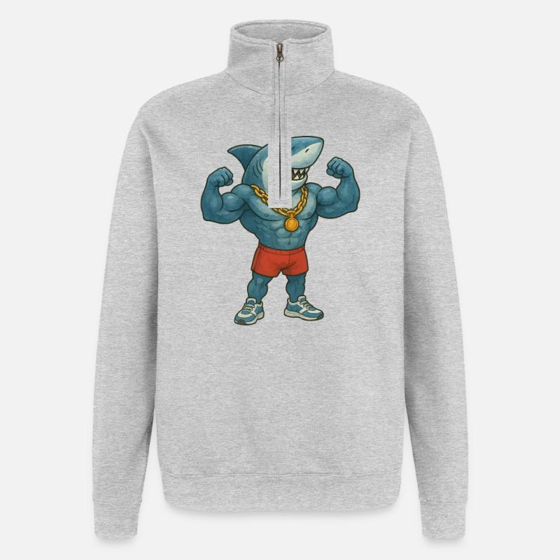 requin-bande dessinée-bodybuilder - Sweat à zip 1/4 - gris chiné